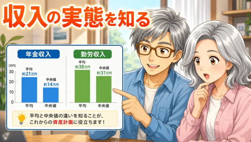 1.1 60代の収入　年金・勤労収入の平均と中央値