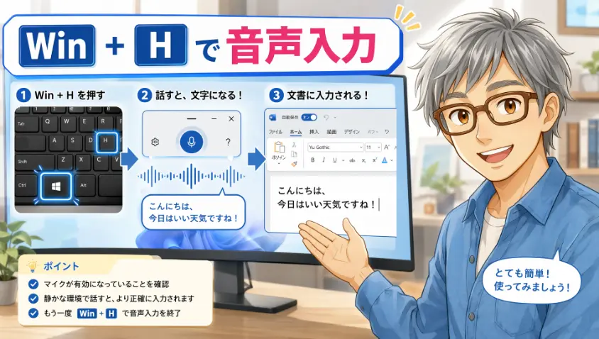 3.2 Windows標準の「Win+H」で音声入力